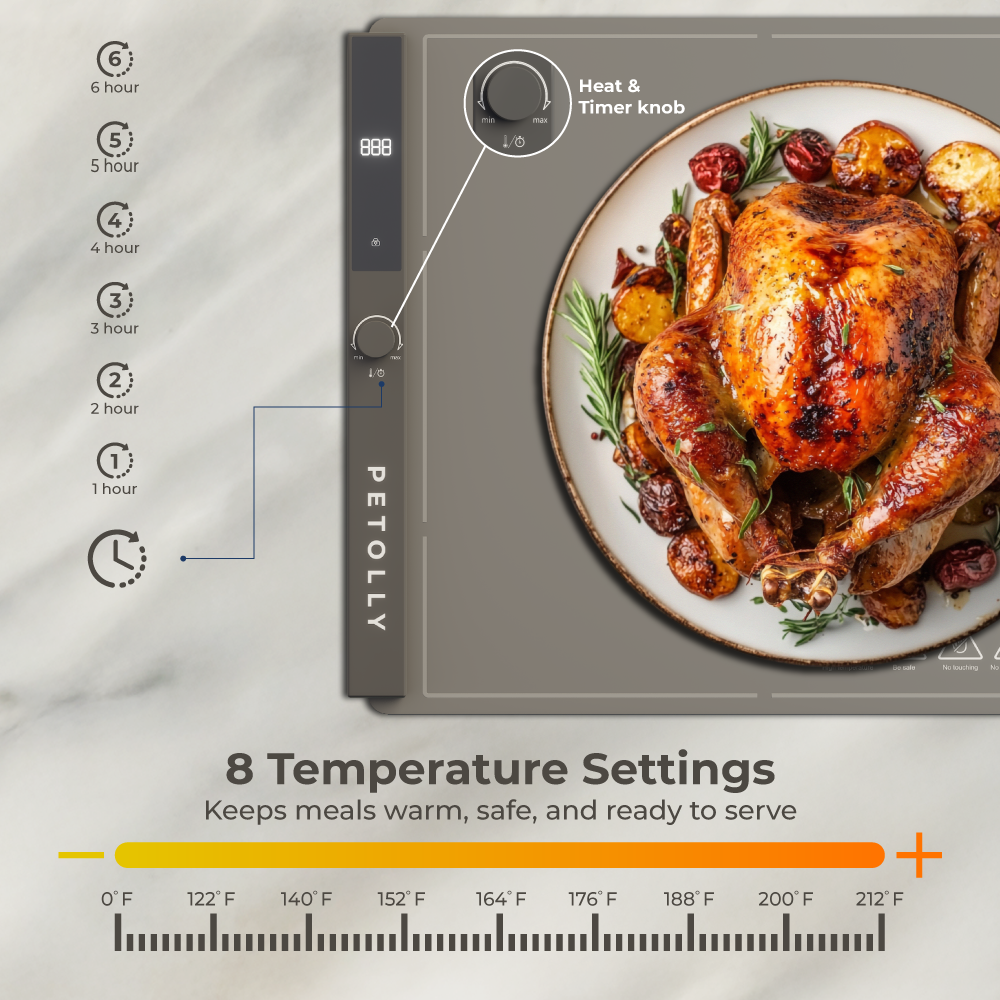 Food Warming Mat – Grey | 8 Heat Levels, 6-Hour Timer, Portable & Heat-Safe Design