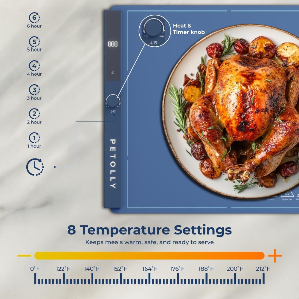 Food Warming Mat – Blue | 8 Heat Levels, 6-Hour Timer & Portable Design