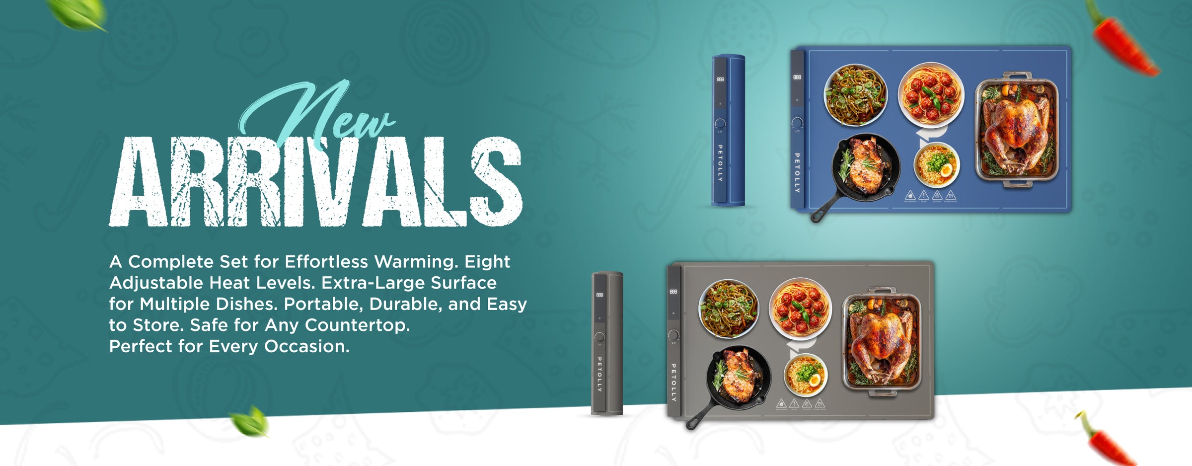 Promotional image of a portable kitchen set with food images on a teal background