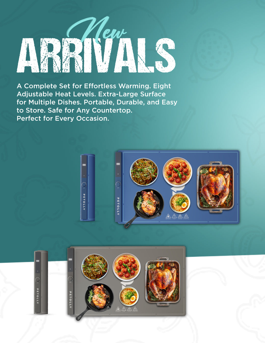 Promotional image of a new product set with text on a teal background