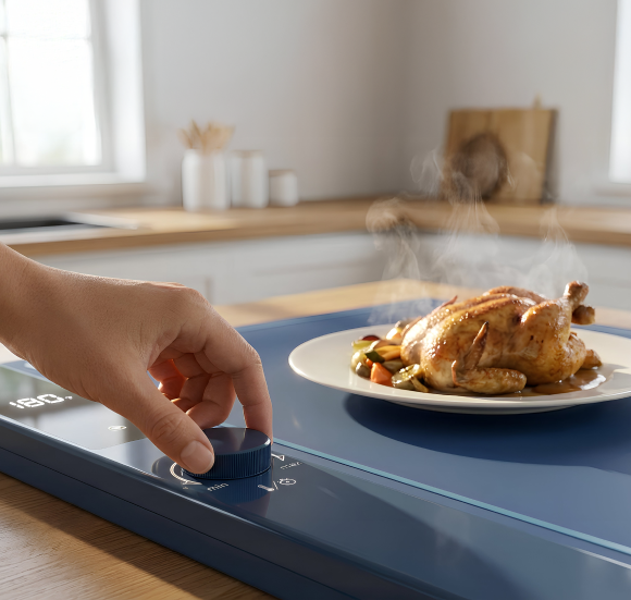 Person adjusting a stove control with a roasted chicken on a plate in the background