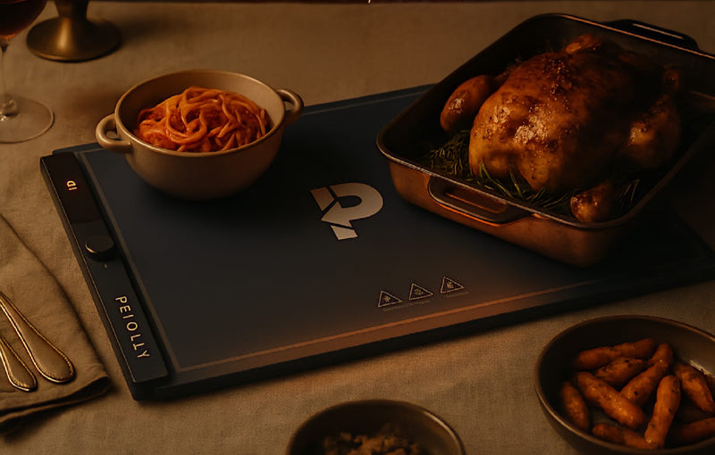 Dinner table with roasted chicken, bowl of carrots, and wine, featuring a Potolly product. Text overlay: 'KEEP EVERY MEAL WARM.