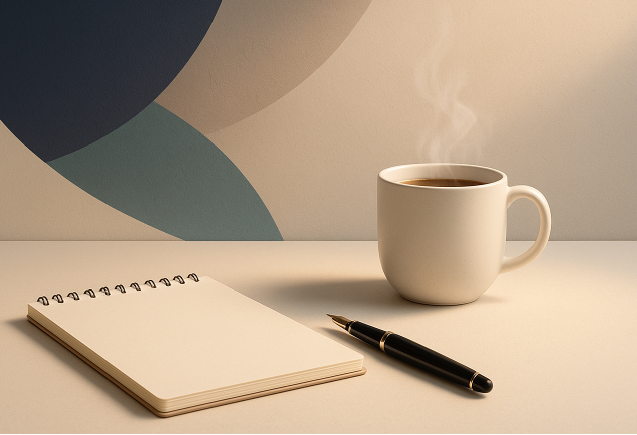 A clean, minimal background in soft neutral tones (light grey or off-white) with a sleek desk setup — a modern notepad, a fountain pen, and a cup of warm tea/coffee with gentle steam rising. Add a subtle glow of warm light on one side, creating an inviting and approachable feeling. In the background, a faint abstract curve or texture in your brand colors (#353C68, #878581, #4E959D) can give it elegance without clutter.