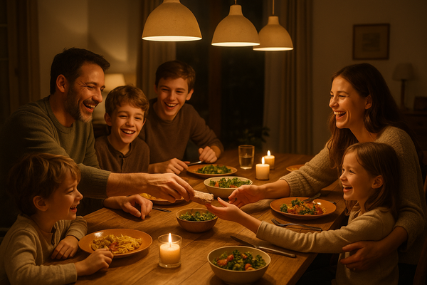 A family together at the dining table, warm lighting, showing closeness and love.