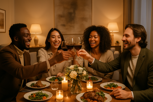 A group of stylish friends gathered around a cozy dinner table or living room.

They’re clinking glasses, laughing, or in mid-conversation.

Setting should feel premium yet relaxed (elegant décor, soft tones).

Mood: Joy, connection, authenticity.